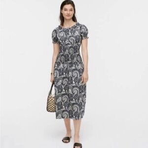 J. Crew Navy and White Paisley Puff-Sleeve Midi Dress